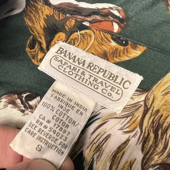Vtg Banana Republic Shirt Mens S Green Safari Dog All Over Print Retro 90s